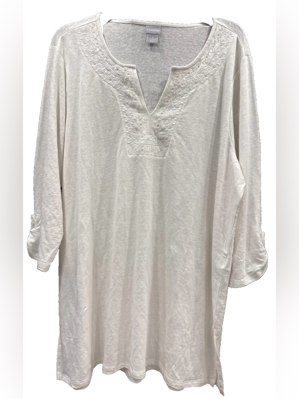 Chico's SZ 3 ( XL) Linen Blend Tunic Top White Embroidered Sequin Accent